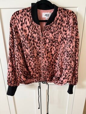 Jack by BB Dakota Pink Leopard Print Bomber Jacket with Black Trim